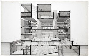 A blueprint of Rudolph's college. He was the architect, as well as client, of this project, which allowed him more freedom to push the boundaries of post-modern architecture. 