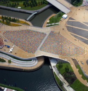 120705 Aerial shoot over Olympic Park, London. Image showing multicoloured link bridge to the stadium..Picture taken by Anthony Charlton